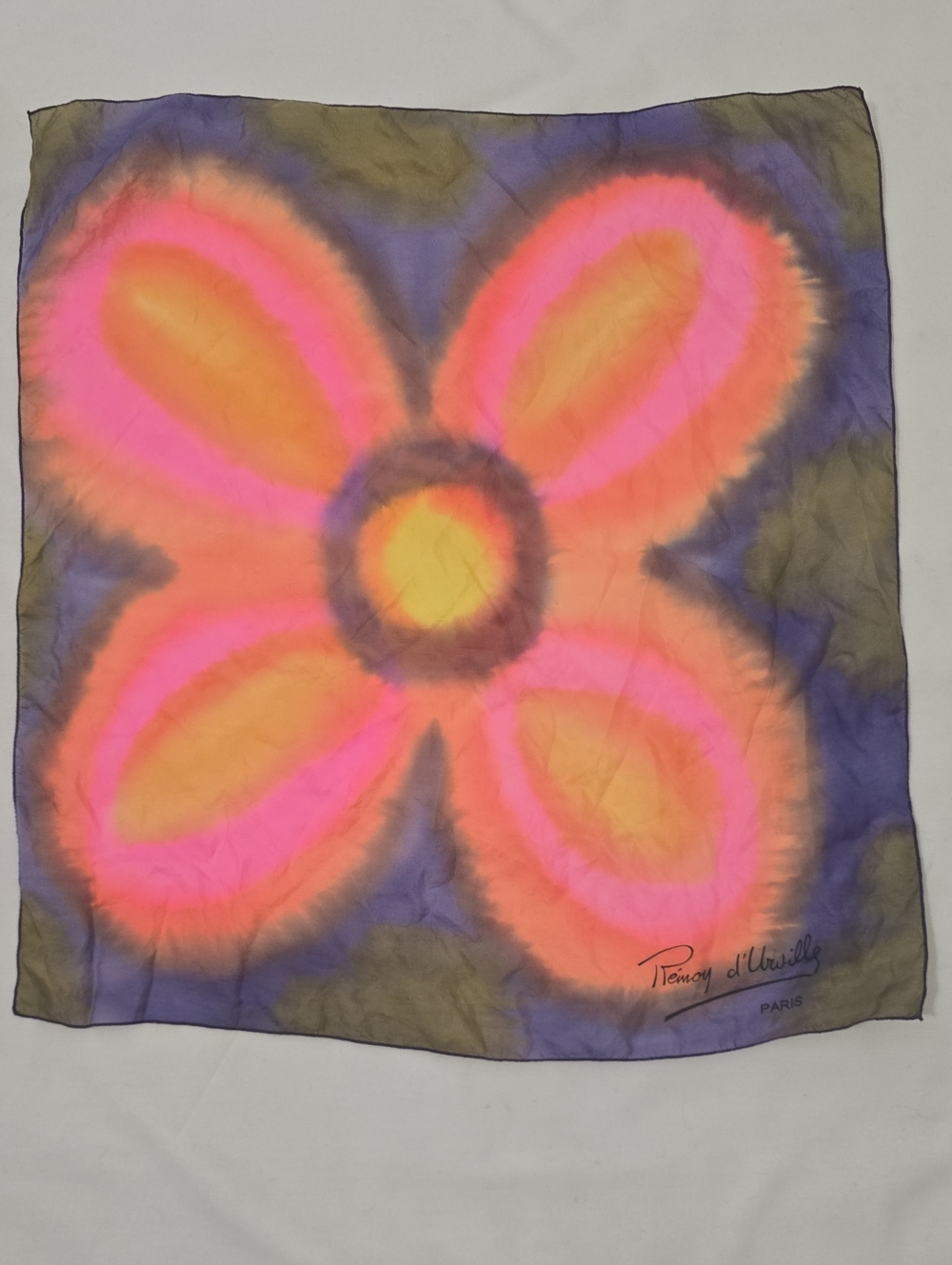 Vintage Remoy D'urville, Paris Tie-Dye Floral Scarf in Pink, Orange & Purple